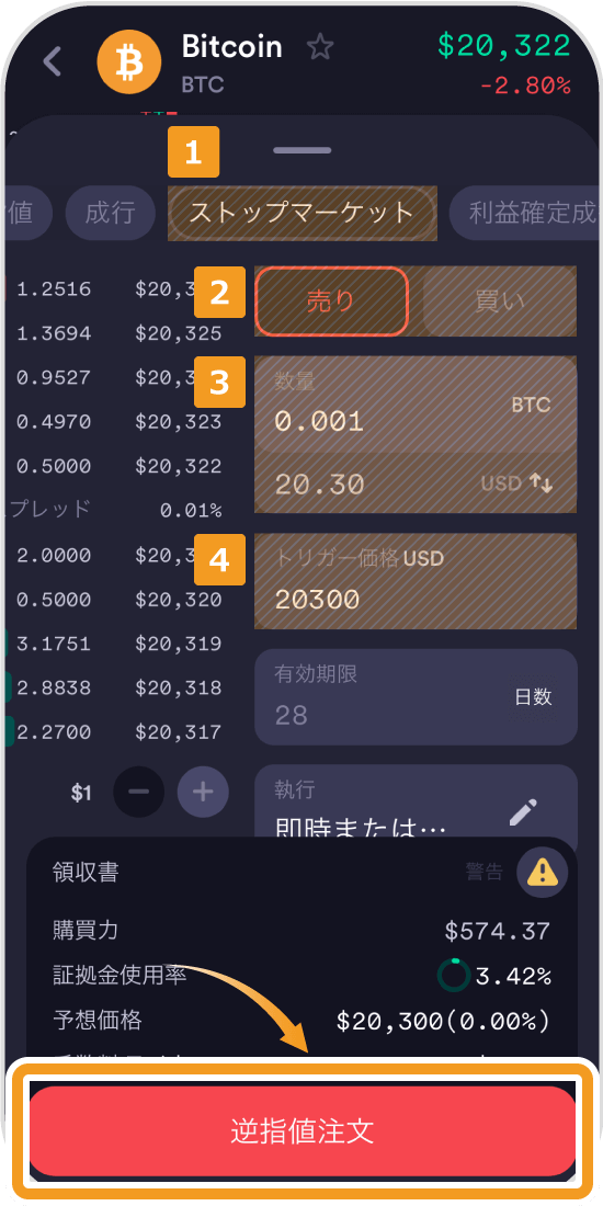 dYdXのスマホアプリでのストップマーケット注文