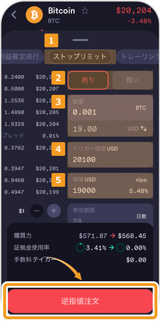 dYdXのスマホアプリでのストップリミット注文