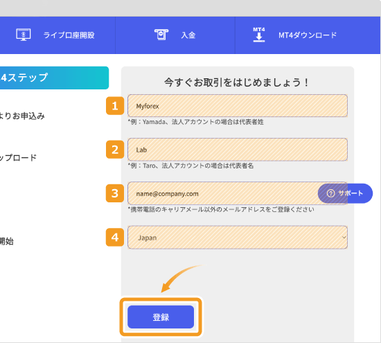 MYFXMarketsの口座開設画面