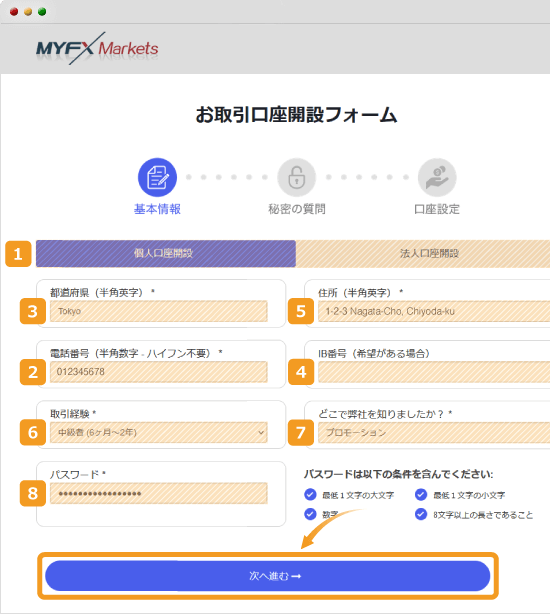 MYFX Marketsのお取引口座開設フォーム