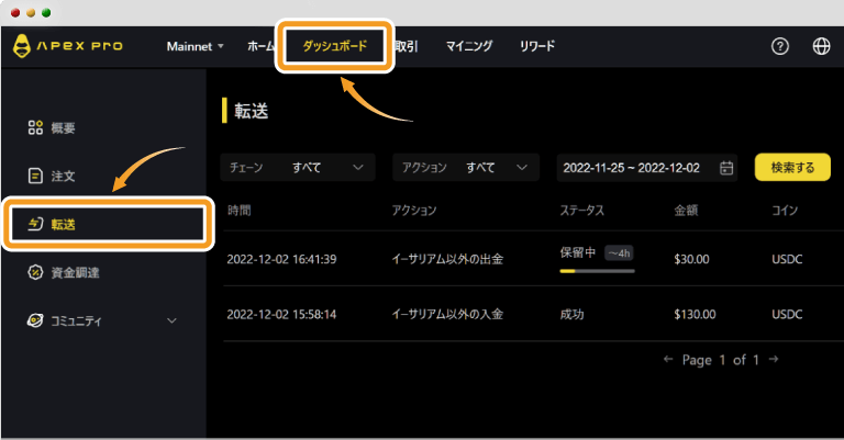 ApeX Proの入出金の進行状況