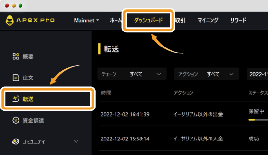 ApeX Proの入出金の進行状況