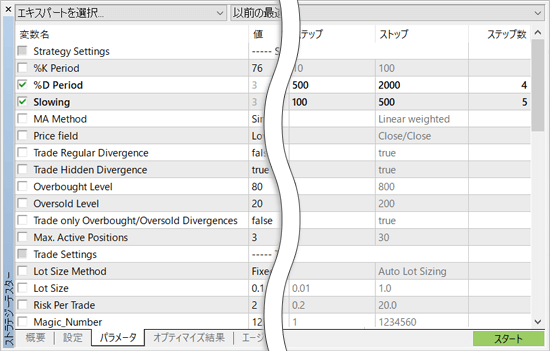 ウォークフォワードパラメータ設定