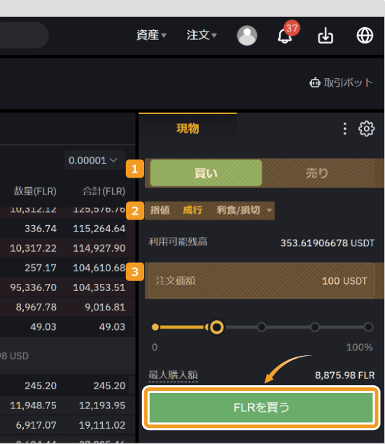 Bybitの注文画面