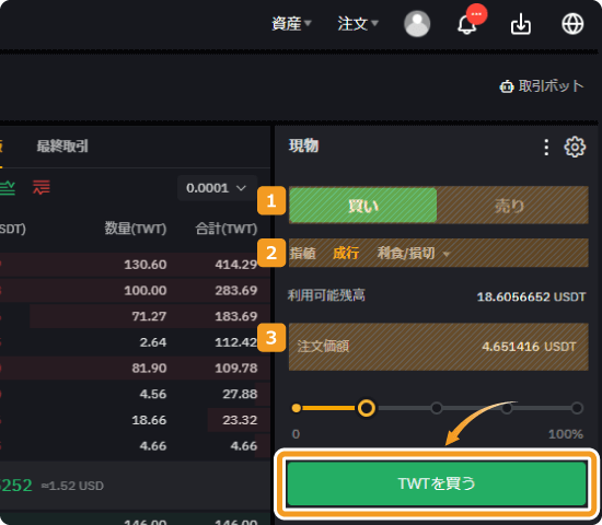 Bybitの注文画面