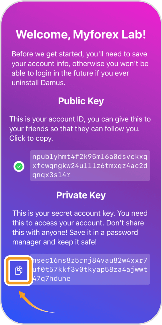 DamusのPrivate keyの表示画面