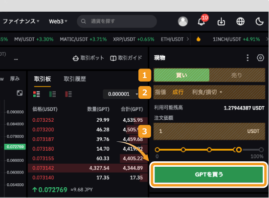 Bybitで成行でGPTを購入する方法