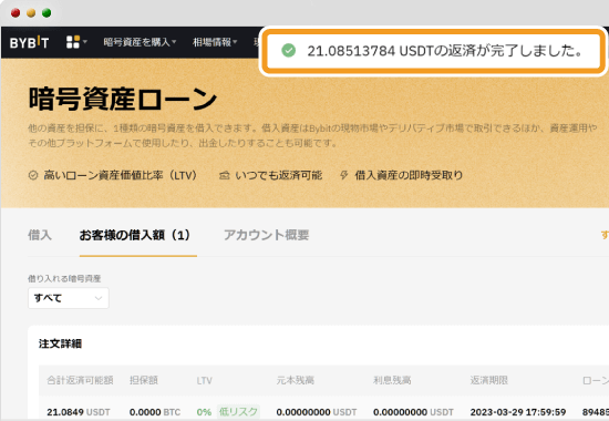 Bybitの暗号資産ローンの返済完了