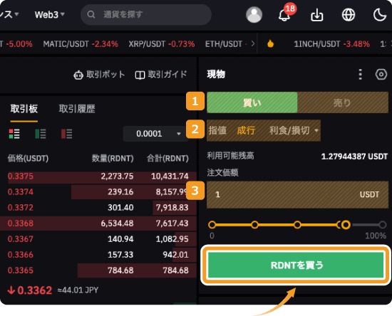 Bybitで成行でRDNTを購入する方法