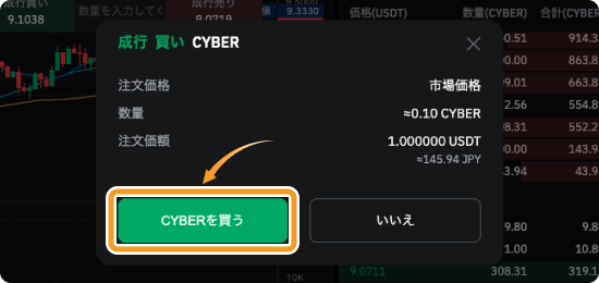 BybitでのCYBERの成行購入確認画面