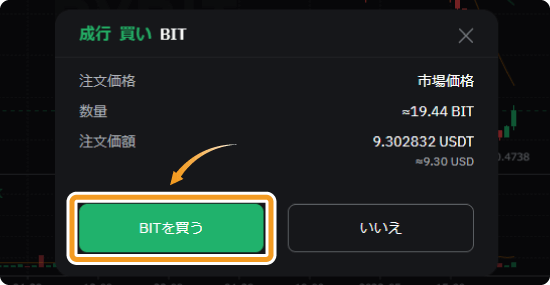 BybitでのBITの成行購入確認画面
