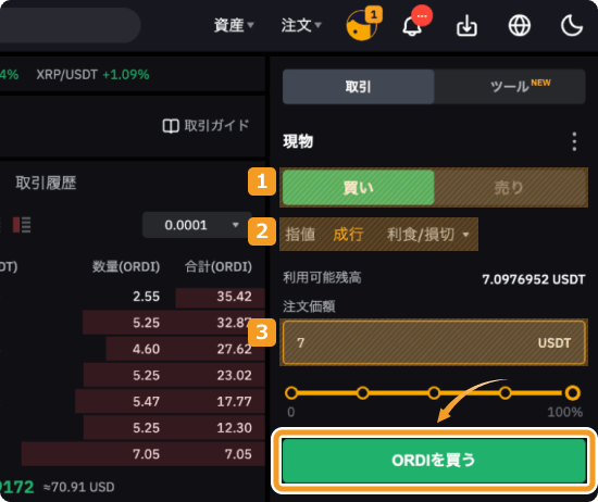 Bybitで成行でORDIを購入する方法
