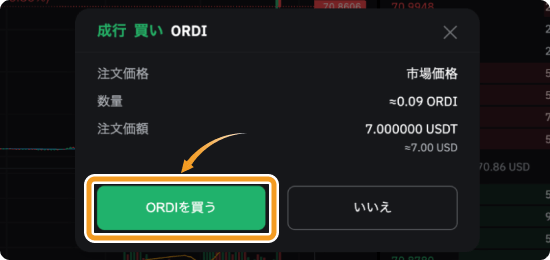 BybitでのORDIの成行購入確認画面