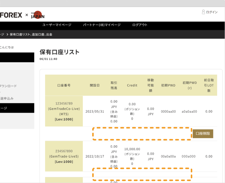 GEMFOREXの保有口座一覧