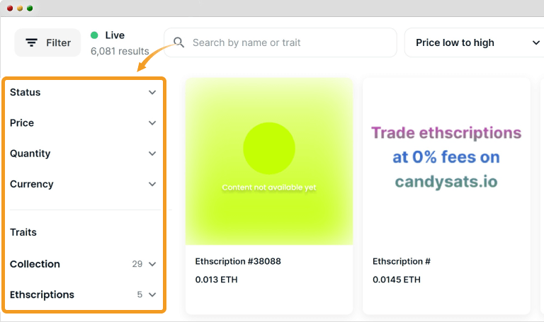 Ethscriptions専用ページでの絞り込み