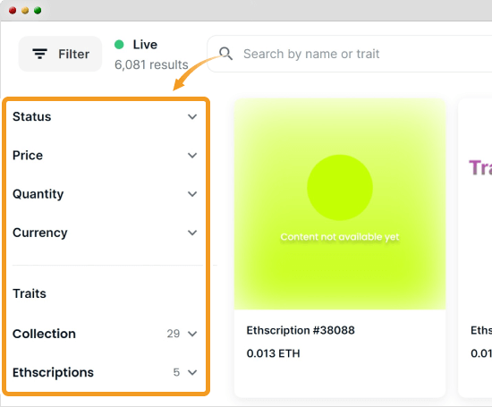 Ethscriptions専用ページでの絞り込み