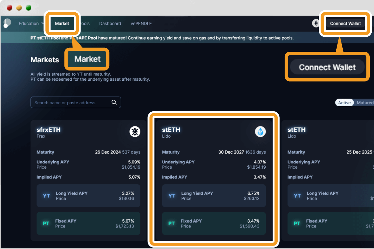 Pendle FinanceのMarket画面