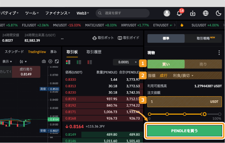 Bybitで成行でPENDLEを購入する方法