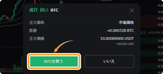 Bybitでのビットコインの成行購入確認画面