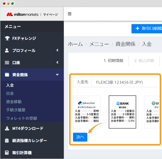 Milton Markets入金方法選択