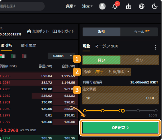 Bybitで成行でOPを購入する方法