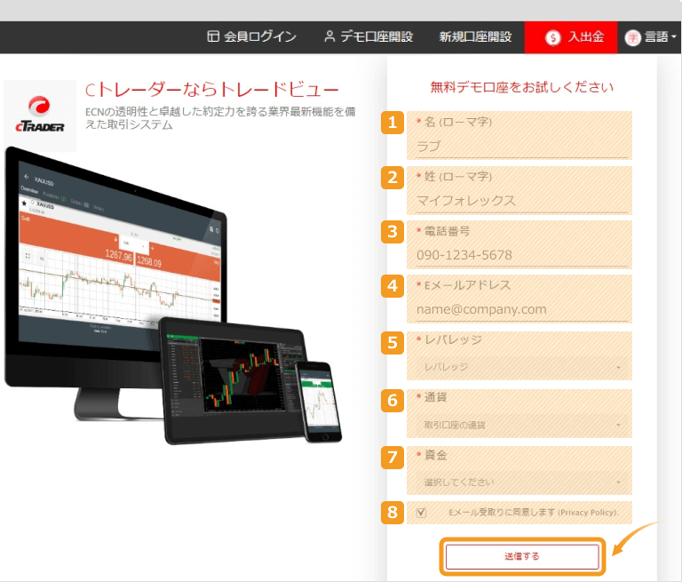 Tradeviewデモ口座開設入力フォーム