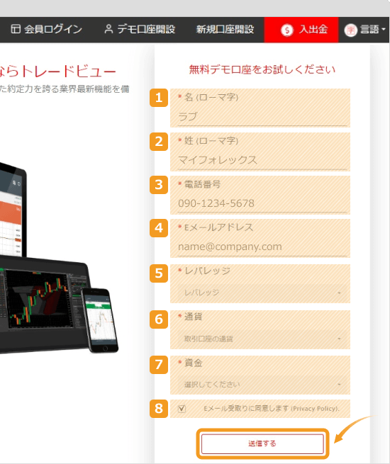 Tradeviewデモ口座開設入力フォーム