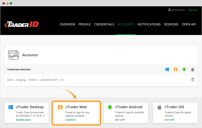 cTraderWebを起動