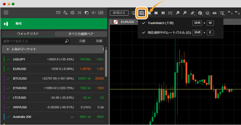cTraderウォッチリストアクティブビュークリック
