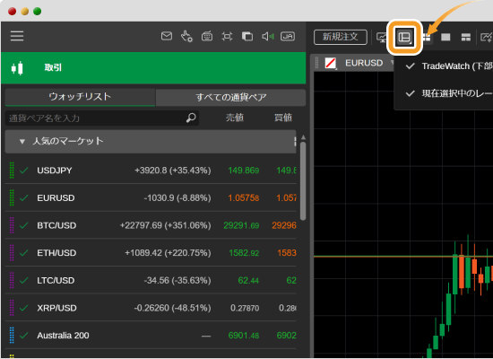cTraderウォッチリストアクティブビュークリック