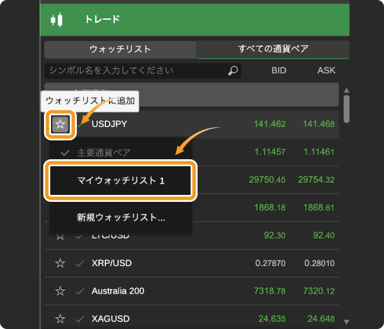 cTraderのウォッチリストに追加