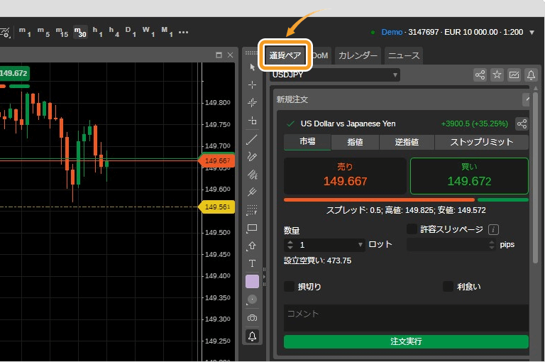 cTraderの通貨ペアタブ1