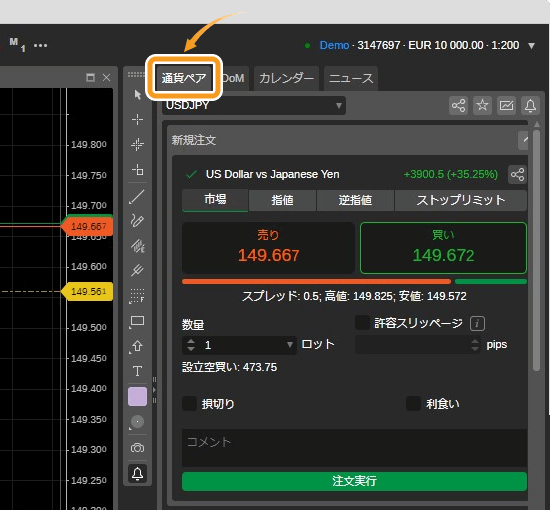 cTraderの通貨ペアタブ1