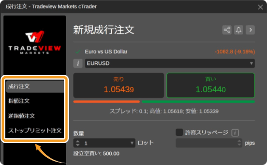 cTrader注文パネル1
