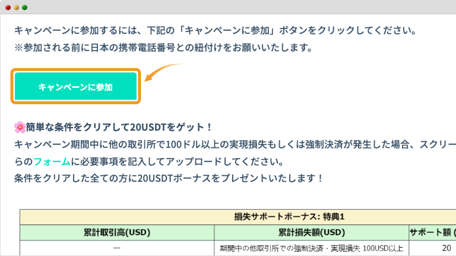 損失リカバリーキャンペーンの参加画面