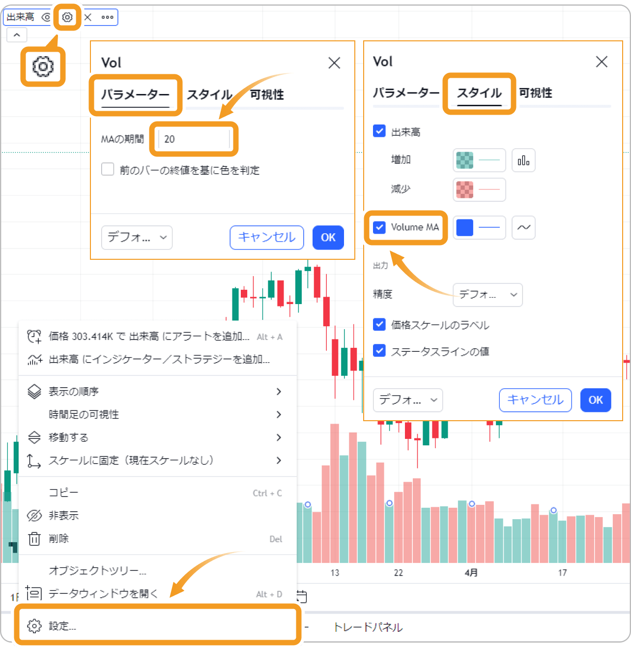 TradingViewに出来高MAを表示