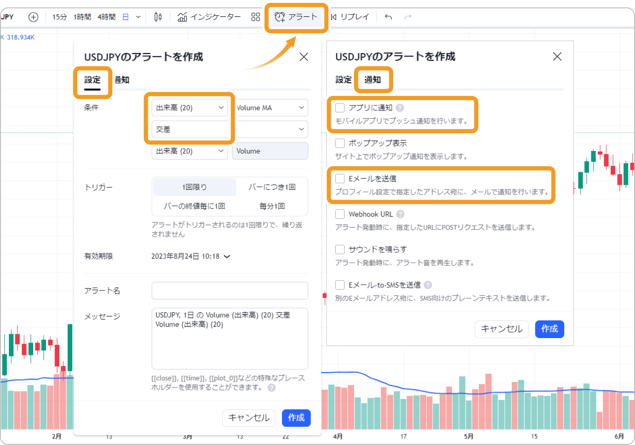 出来高アラートの追加方法