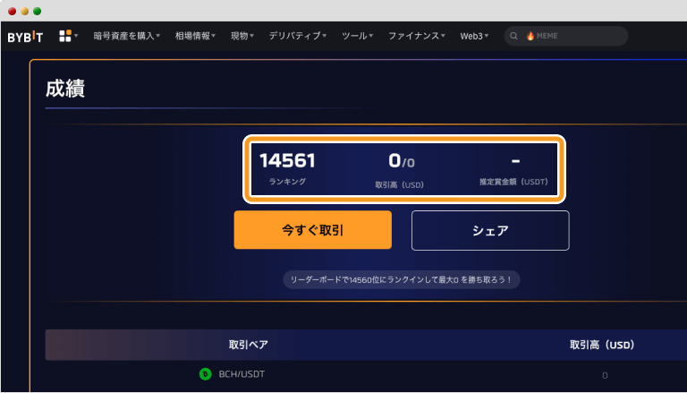 Bybit現物取引大会ページの成績欄
