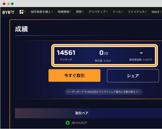 Bybit現物取引大会ページの成績欄