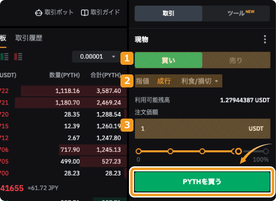 Bybitで成行でPYTHを購入する方法