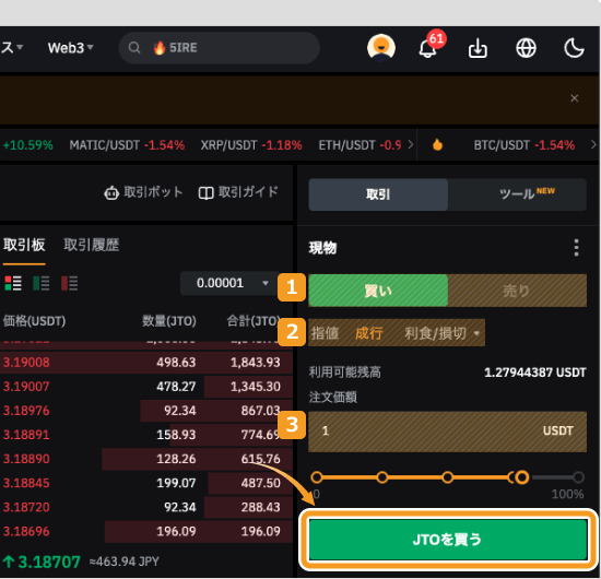 Bybitで成行でJTOを購入する方法