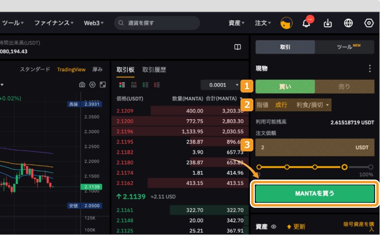 Bybitで成行でMANTAを購入する方法