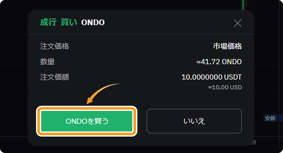 BybitでのONDOの成行購入確認画面