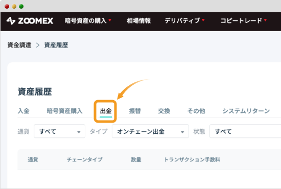 Zoomexの資産履歴ページ
