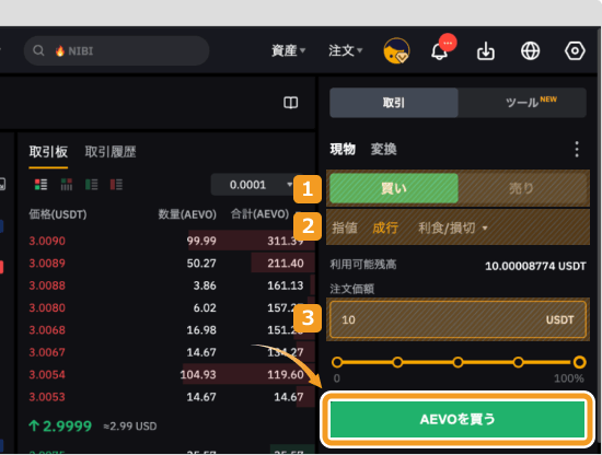Bybitで成行でAEVOを購入する方法