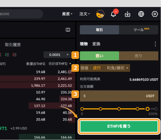 Bybitで成行でETHFIを購入する方法