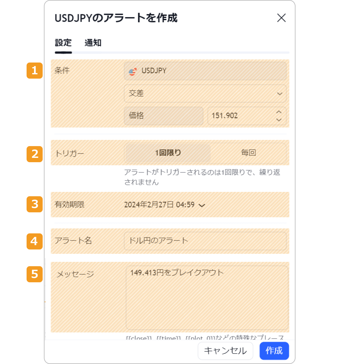 TradingViewアラートの条件設定