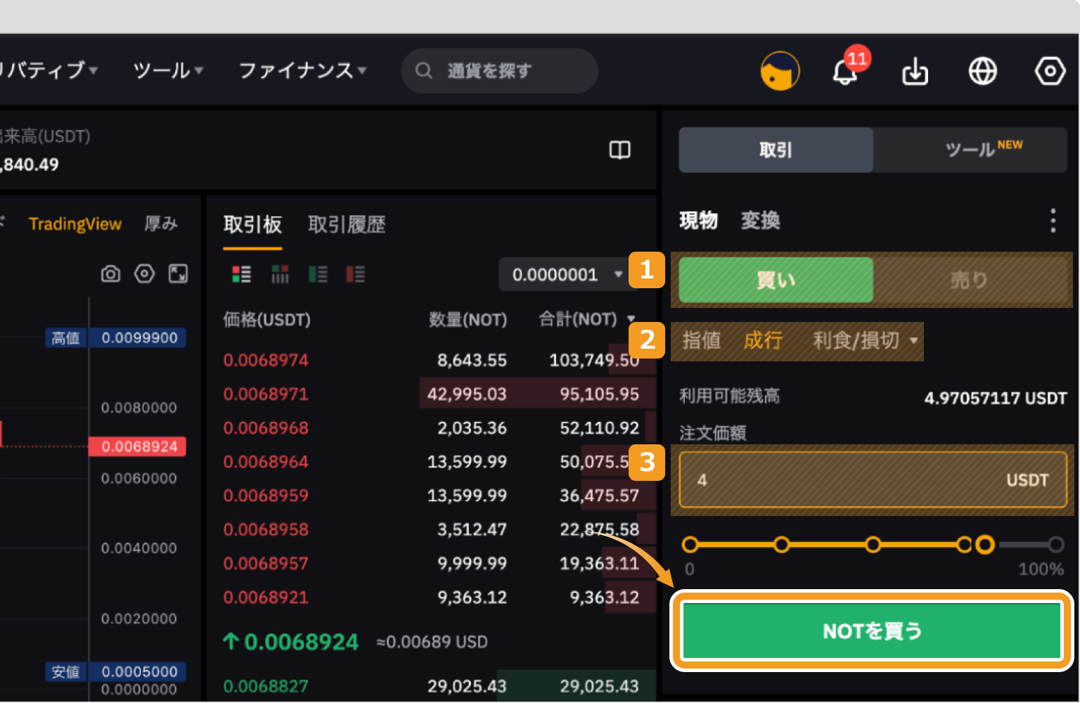 Bybitで成行でNOTを購入する方法
