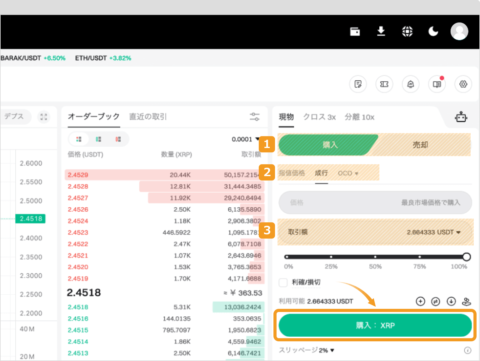 XRPの取引画面