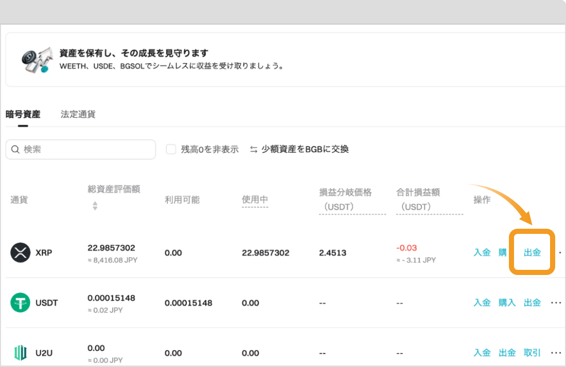 Bitgetの現物アカウント画面